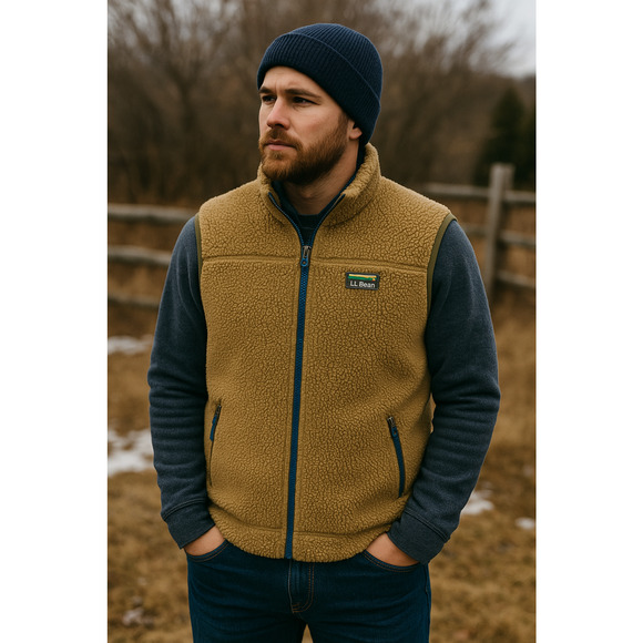 LL Bean Mountain Pile Fleece Vest Sherpa Zip Pockets Fatigue Green Mens XXL Tall - Picture 1 of 14